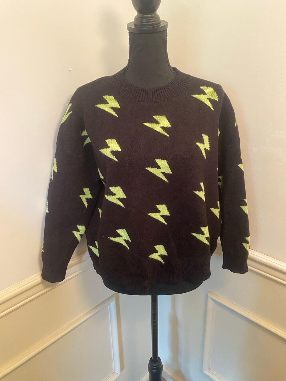 Adika Black Neon Green Lightening Bolt Crewneck Knit Sweater Pullover Streetwear
